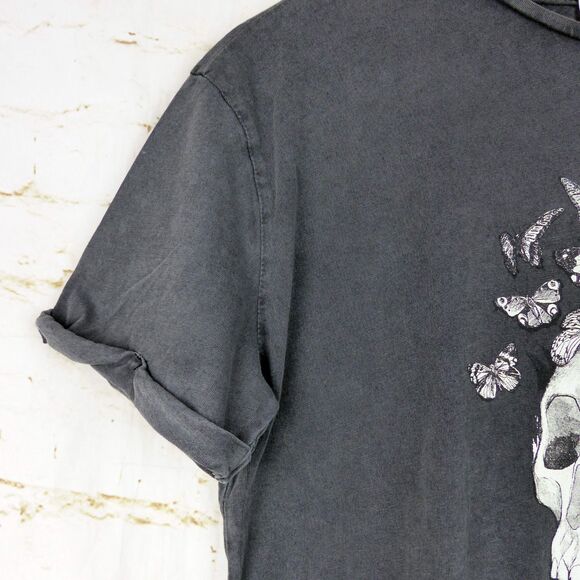 Mango MNG T-Shirt Womens S Gray Skull Butterfly Graphic Tee Rock Goth Macabre - Picture 4 of 9